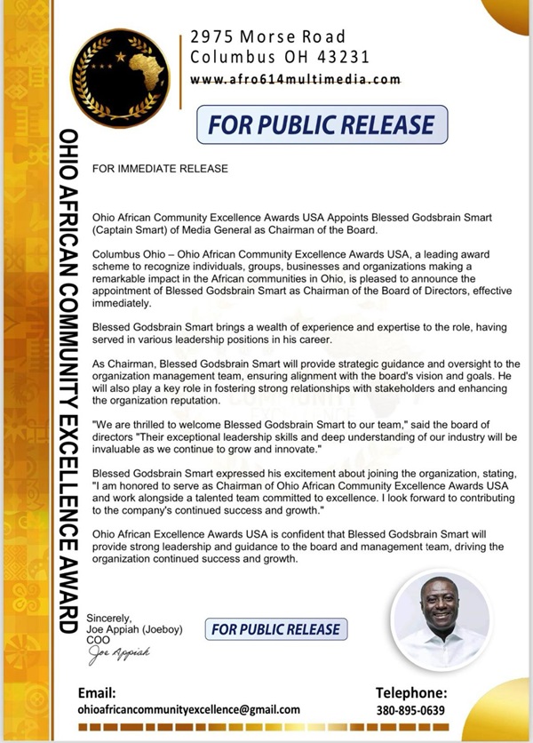 Ohio Awards for African Community Excellence USA nomina Captain Smart presidente del consiglio di amministrazione
