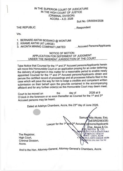 Chairman Wontumi’s lawyer files application to postpone judgment of Samreboi case