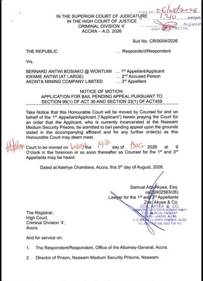 Wontumi asks court to order his release pending his appeal judgement